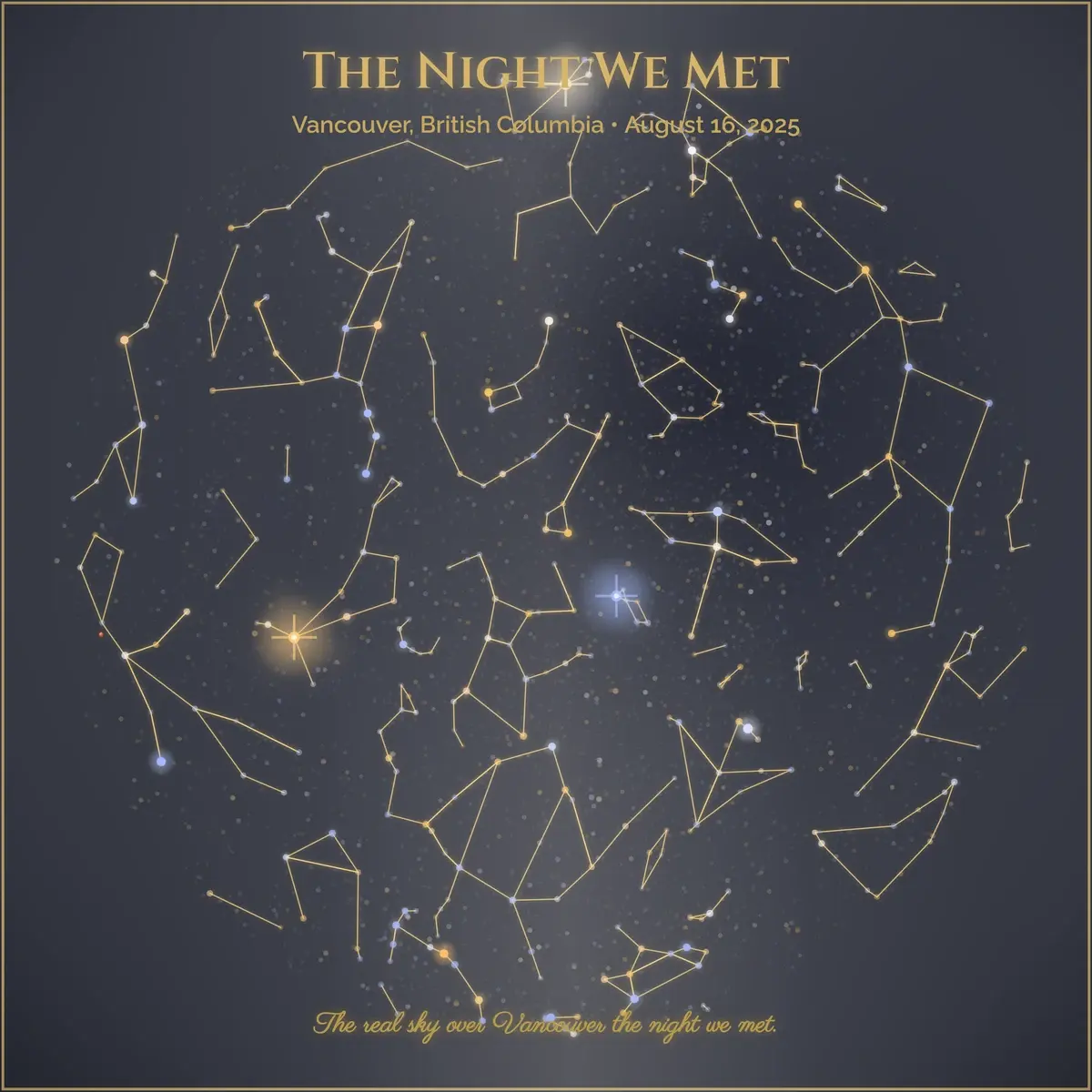 Star map example — the real night sky over Vancouver, British Columbia, on the night of August 16, 2025