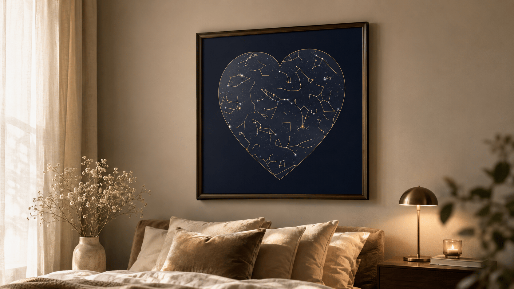 Framed StarMapCo star map in a styled bedroom