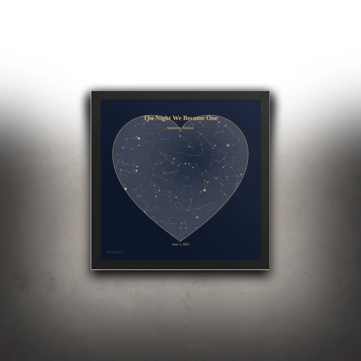 Heart-style framed StarMapCo print in-room
