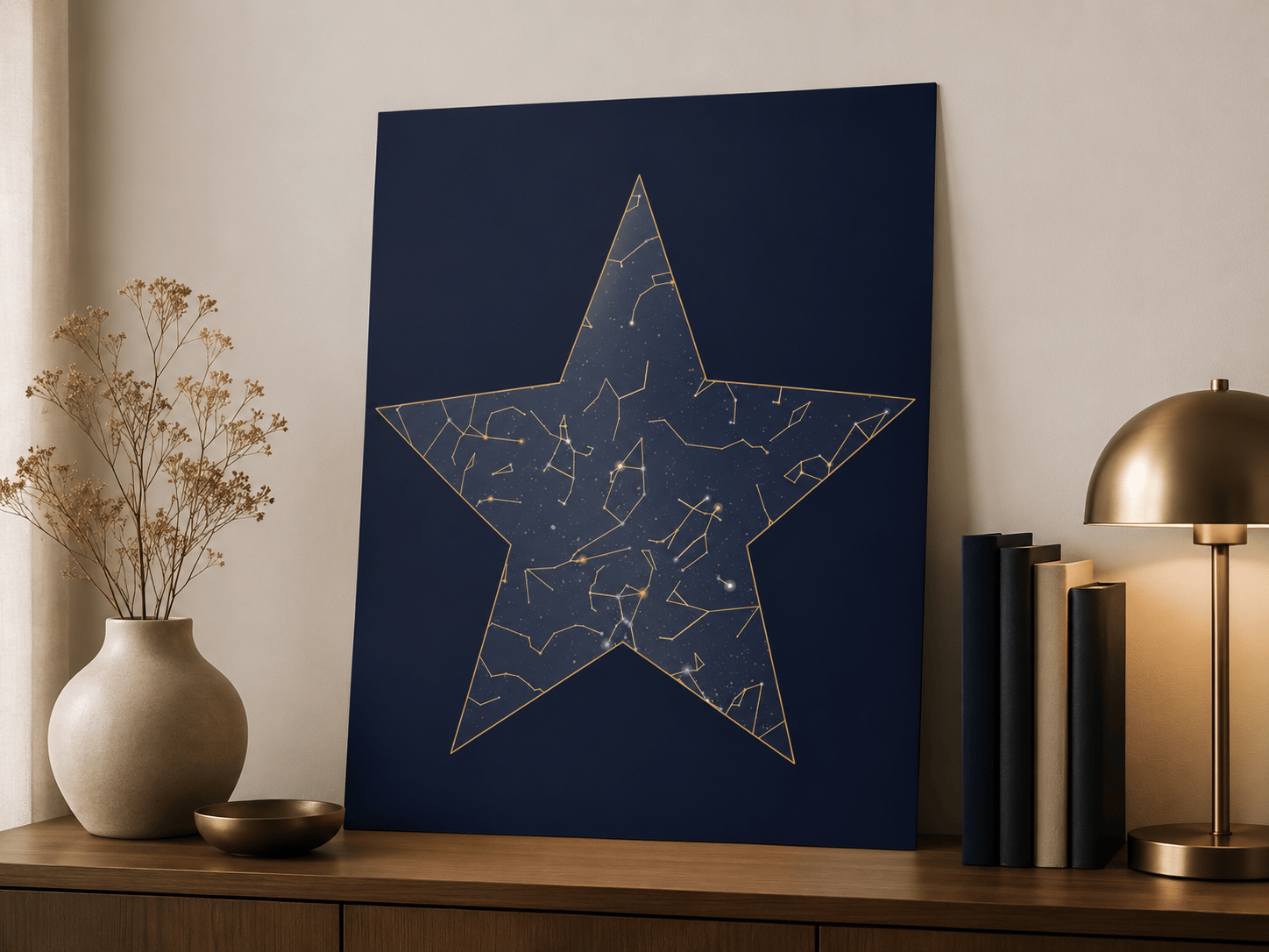 Star-shaped StarMapCo poster in a styled room