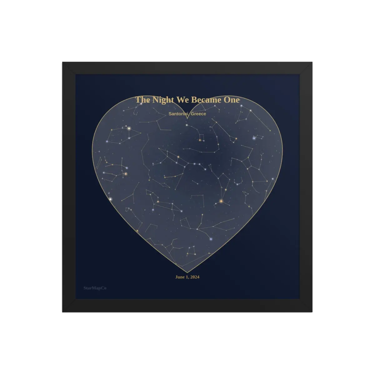 Example wedding star map with heart layout, ceremony date, and location
