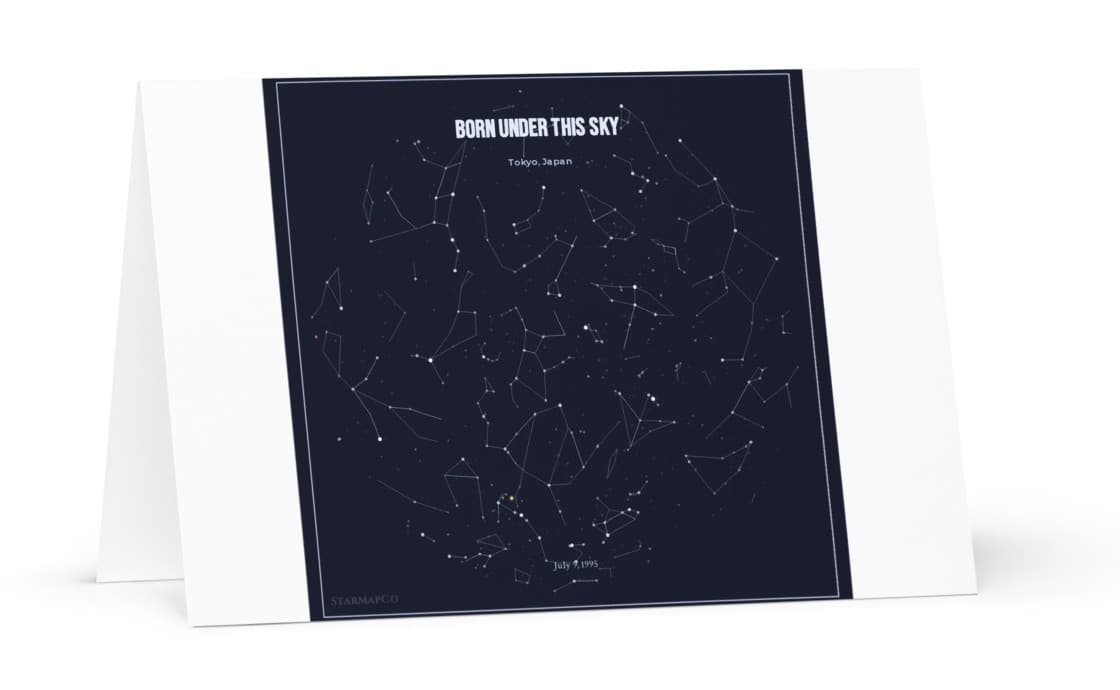 Folded keepsake card with an example star map design — your own map is printed to order