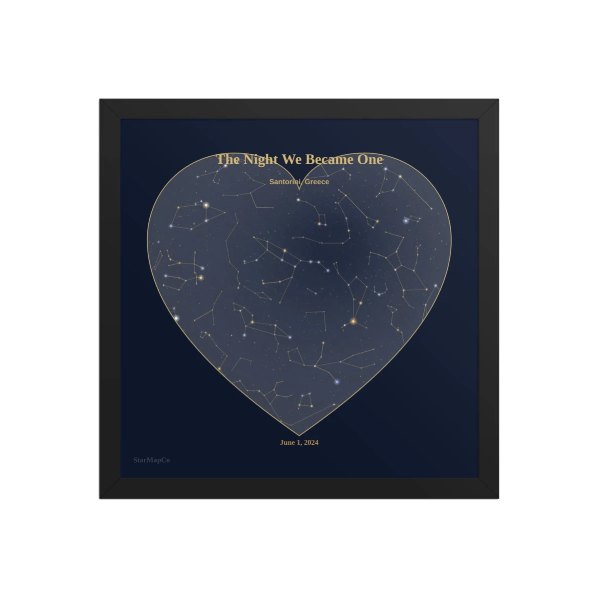 Framed heart-style StarMapCo print proof on neutral wall texture
