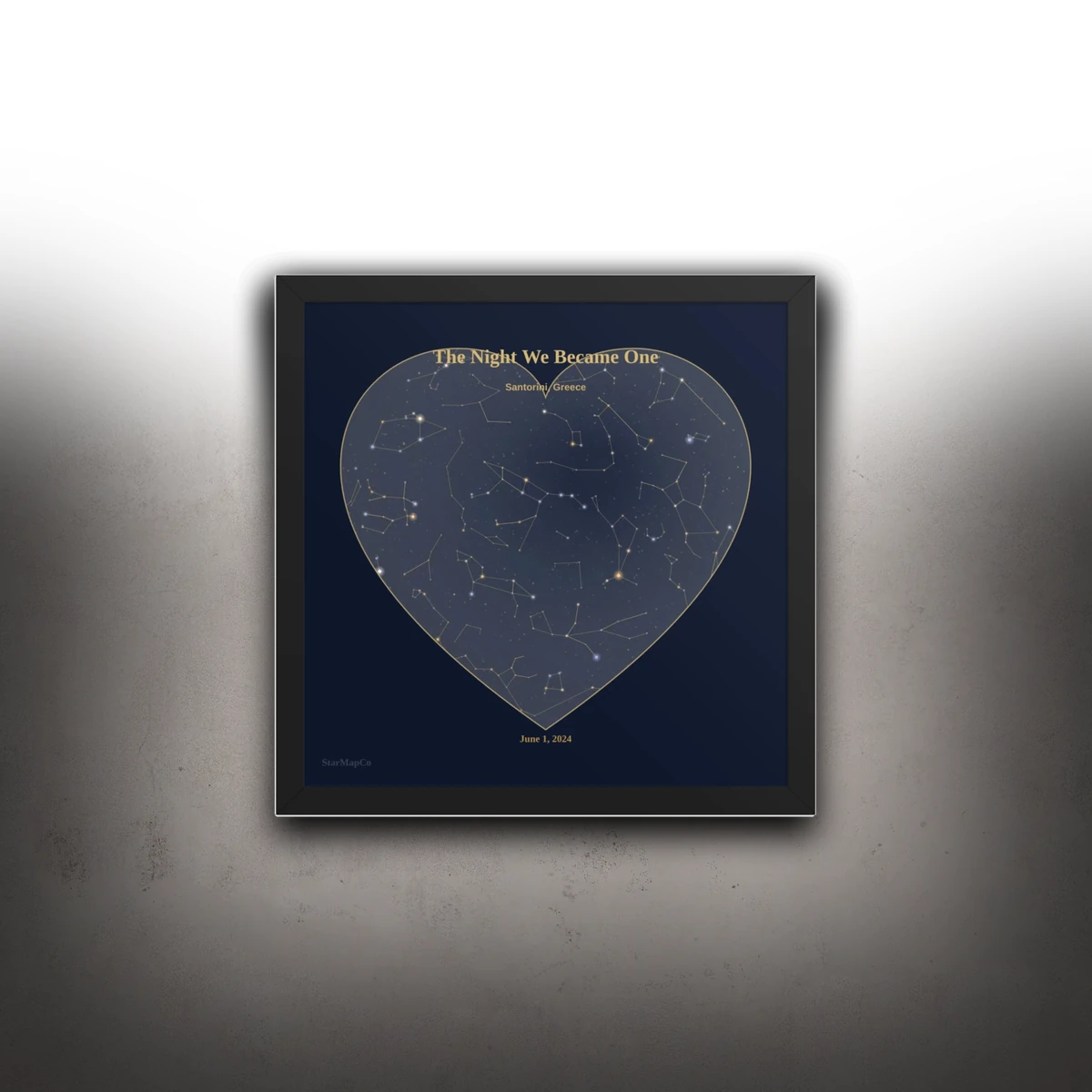 Framed heart-style StarMapCo print shown in a neutral room-style context