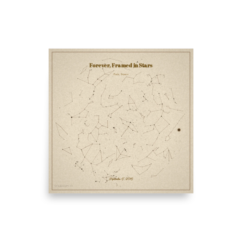 Unframed classic StarMapCo print proof on warm wall texture
